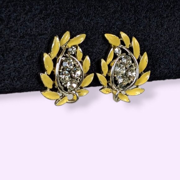 V. Lisner Yellow Enamel Rhinestone Earrings - Picture 2 of 6